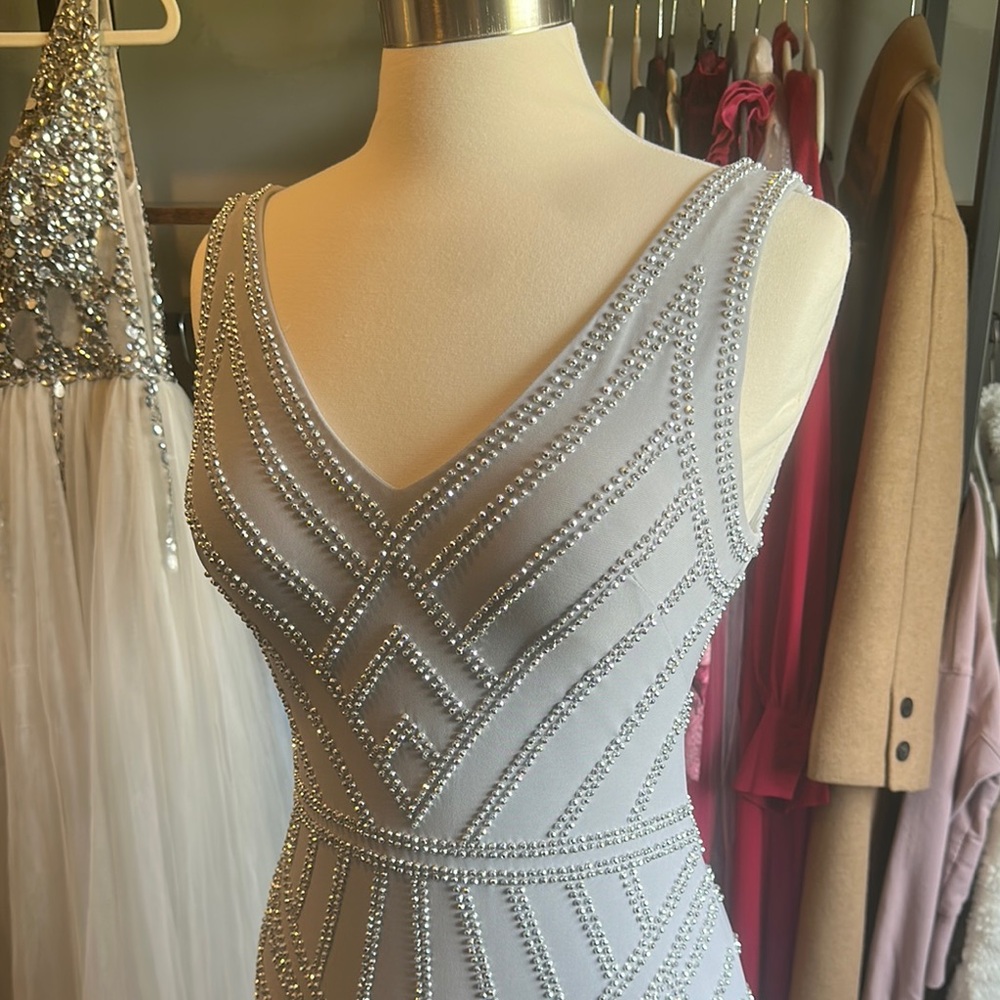 Aqua Silver Embellished Sheath Dress for Prom